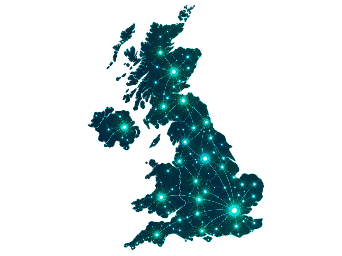 Stylised map of the United Kingdom showing connected information signals